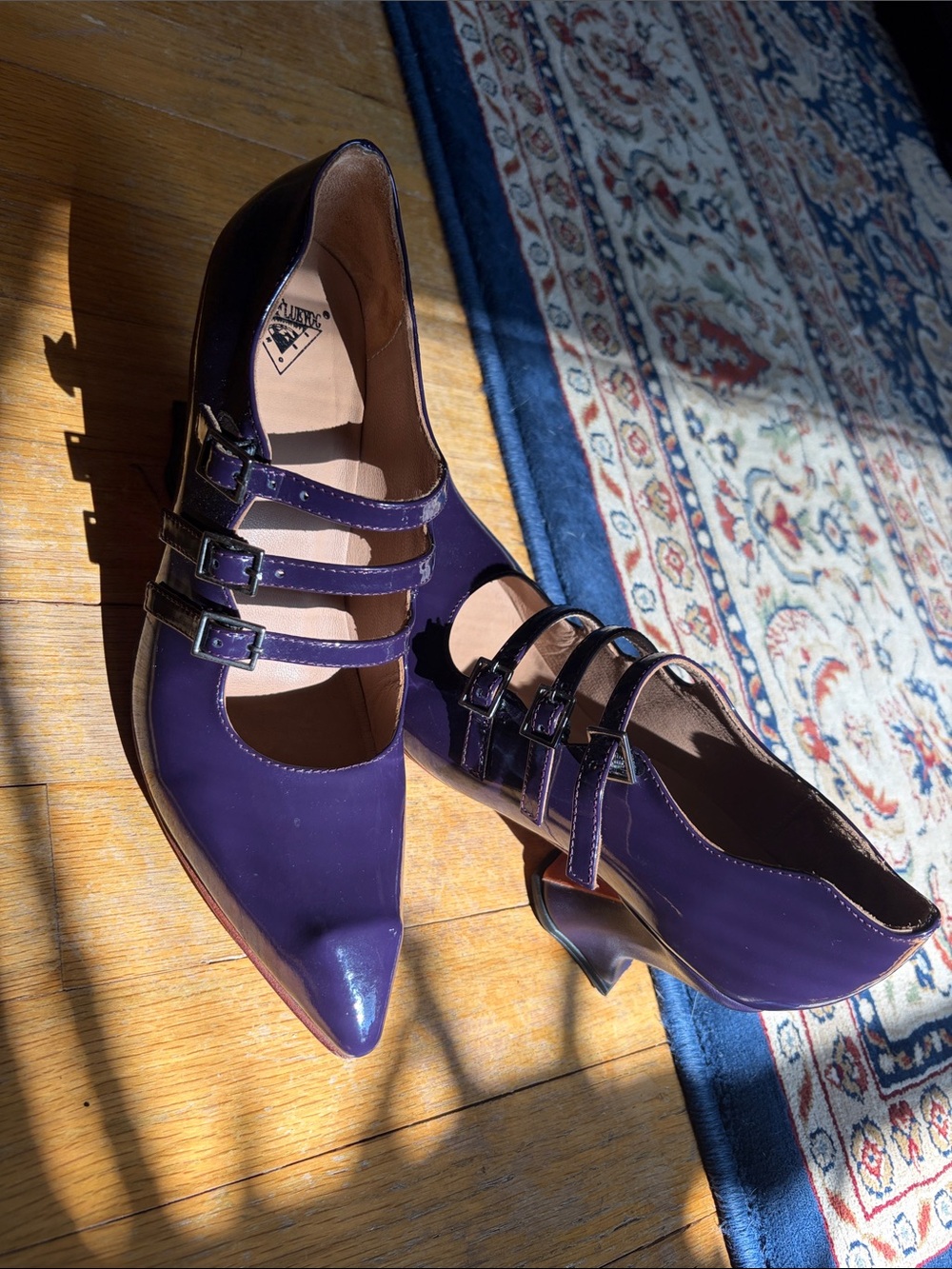 John Fluevog Purple Triple-Strap Pointed-Toe Heels. Light wear.